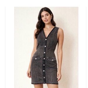 White House Black Market Black Denim Dress w/Faux Leather trim Size 14 P